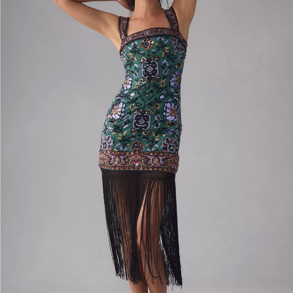 NWT Anthropologie Green Embellished Mini Dress with Black Fringe